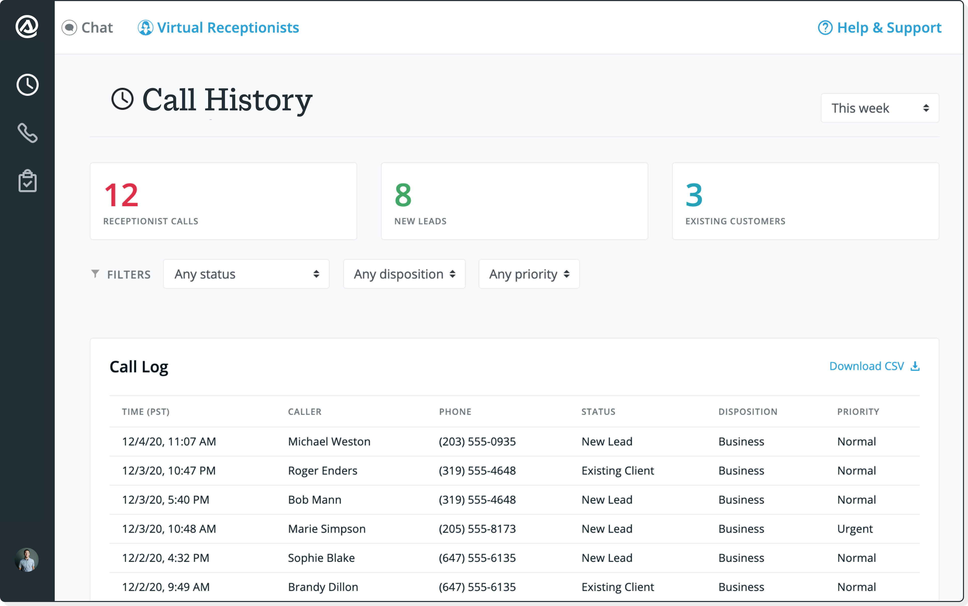 smith.ai receptionist call historty