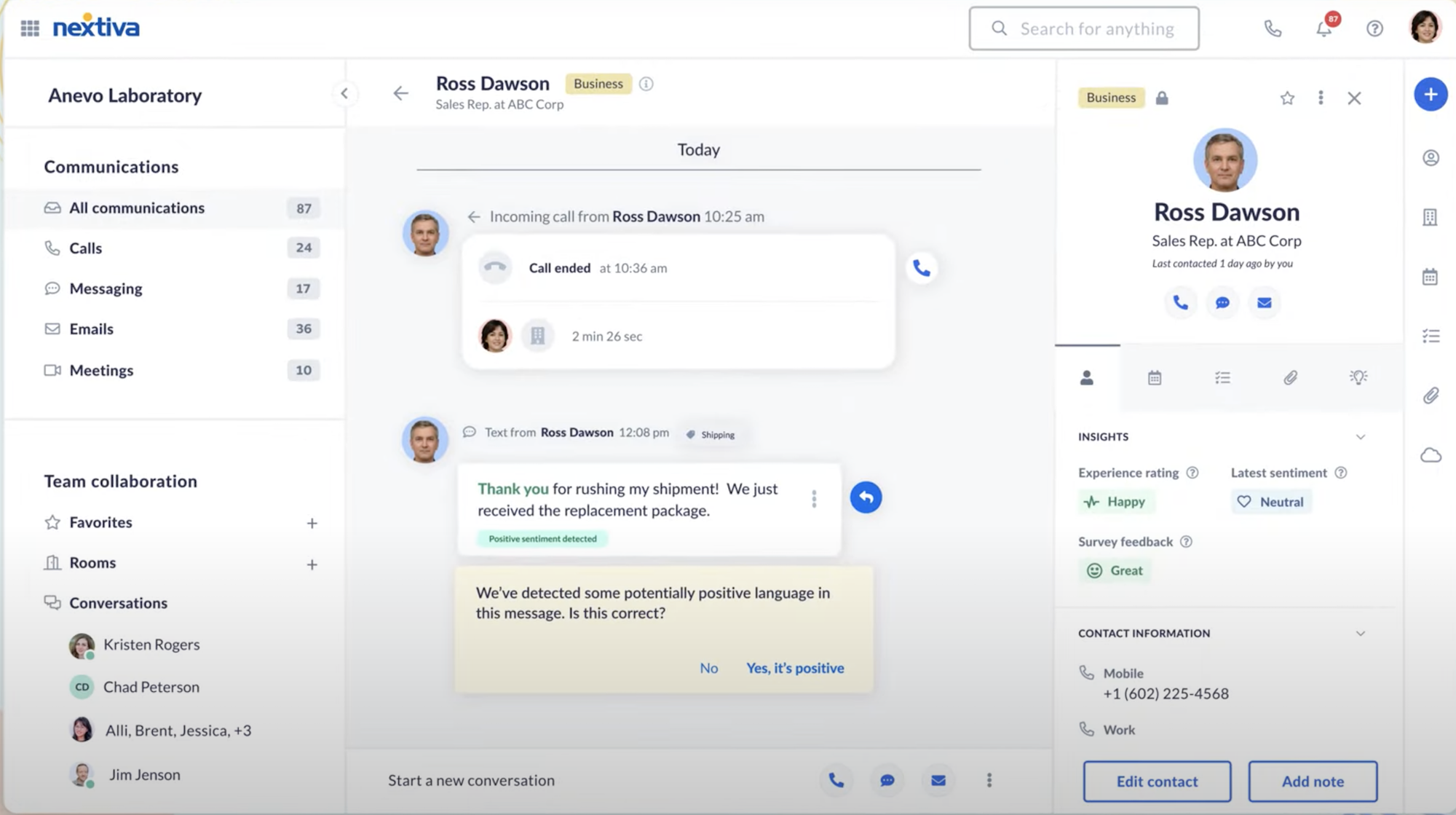 nextiva customer sentiment AI